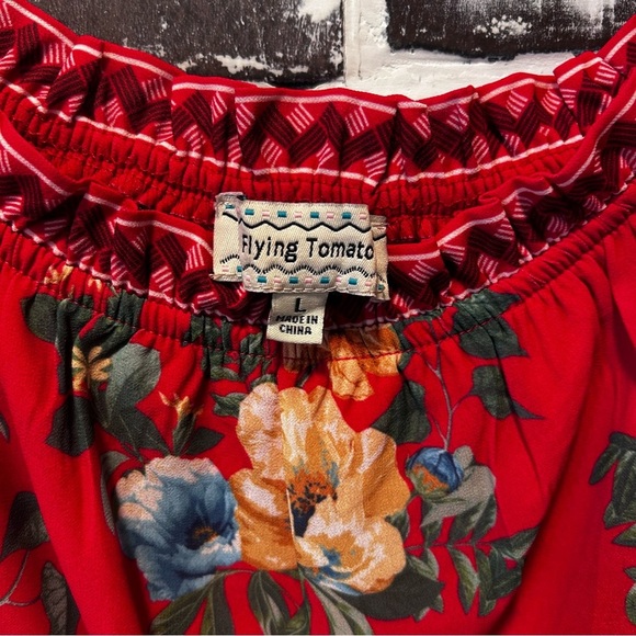 Flying Tomato Boho Chic Red Floral Off Shoulder Ruffled Bell Sleeve Dress Size L - Picture 2 of 9